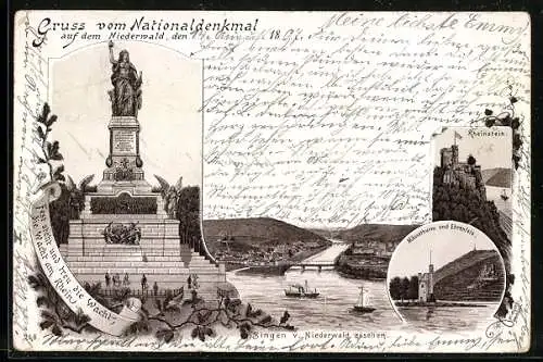 Lithographie Niederwald, Nationaldenkmal, Mäusethurm und Ehrenfels