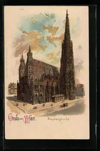 Lithographie Wien, Strassenpartie an der Stephanskirche