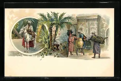 Lithographie Araber in traditioneller Tracht nebst Pferd und Vase