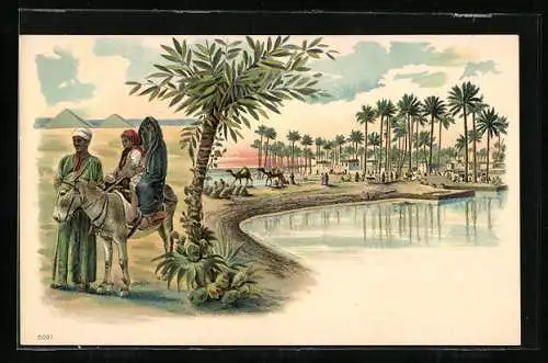 Lithographie Arabische Familie unterwegs auf einem Esel