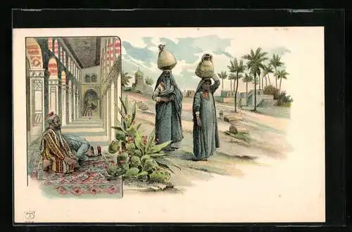Lithographie Ägypten, Frauen tragen Tontöpfe auf dem Kopf, betende Männer
