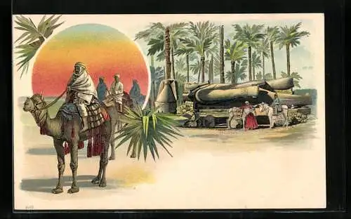 Lithographie Ägypten, liegende Kolossal-Statue, Karawane