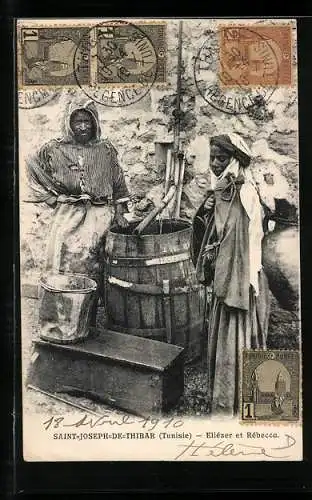 AK Saint-Joseph-de-Thibar, Eliézer et Rébecca, Arabisches Paar in Bauerntrachten