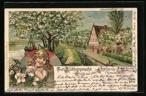 Lithographie Altenlande, Ortspartie zur Zeit der Kirschblüte