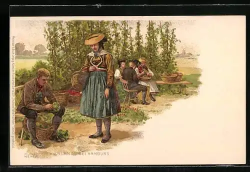 Lithographie Vierländer Obstbauern in Tracht