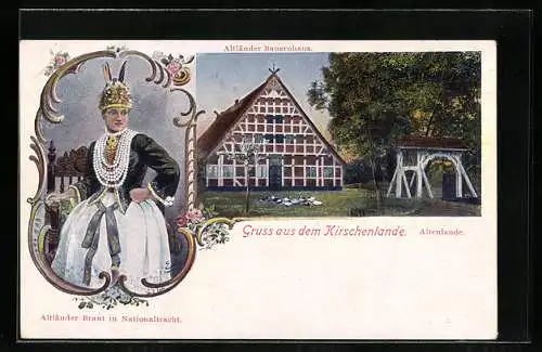 Lithographie Altenlande, Altländer Bauernhaus, Altländer Braut in Nationaltracht