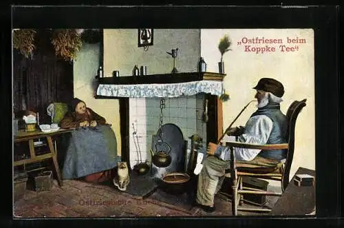 AK Ein altes Paar in einer Ostfriesischen Küche, Teekessel