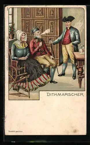 Lithographie Dithmarschen, Bürger in Tracht