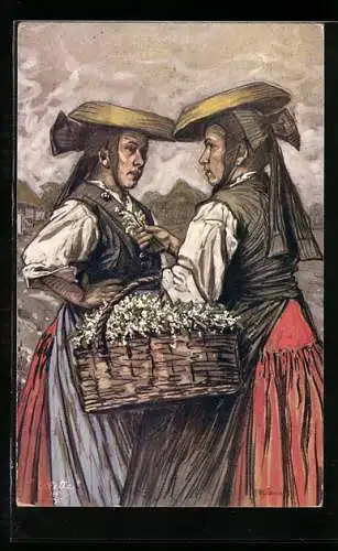 AK Zwei Vierländerinnen in Tracht mit Blumenkorb
