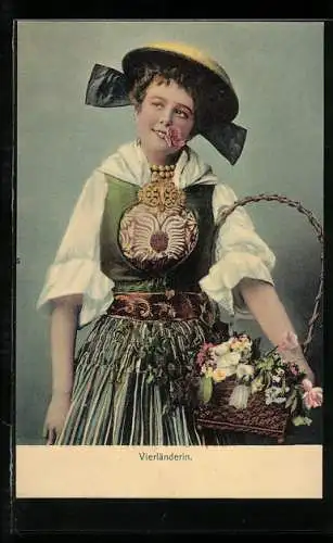 AK Vierländerin mit Blumenkorb in Tracht