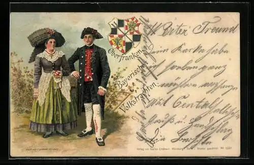 Lithographie Mann und Frau in bayrischer Tracht aus Oberfranken