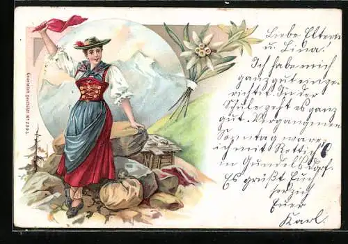 Lithographie Winkende Dame in Alpenländer Tracht