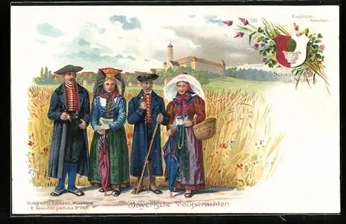 Lithographie Bayerische Volkstrachten, Gruppe mit Männern und Frauen am Weizenfeld