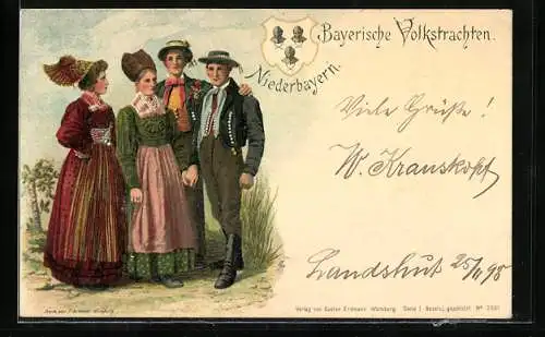 Lithographie Bayerische Tracht, zwei Pärchen in Trachten