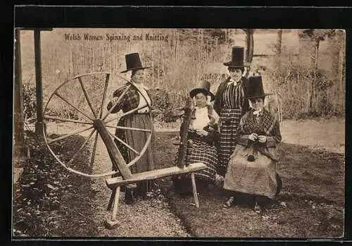 AK Walisische Frauen in Trachten mit Hüten an Spinnrad, Welsh Women Spinning and Knitting, europäisch