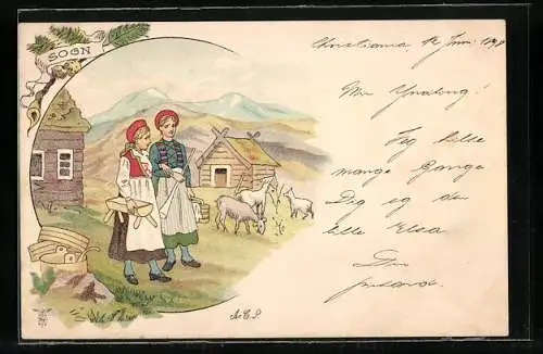 Lithographie Zwei Bäuerinnen in norwegischer Tracht vor dem Ziegenmelken
