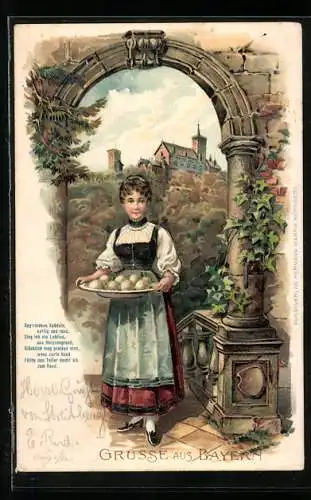 Lithographie Frau in Tracht serviert Knödel