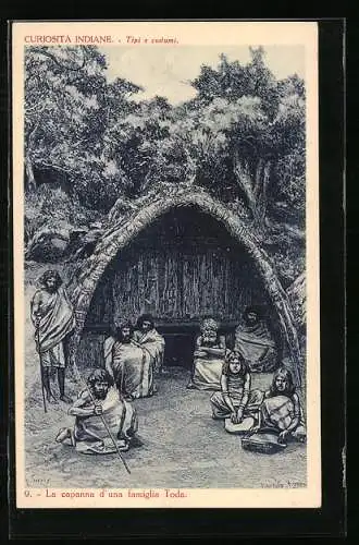 Künstler-AK La capanna d`una famiglia Toda, Toda-Indianer vor ihrer Hütte