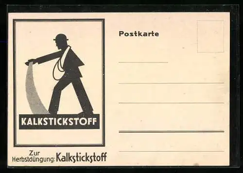 AK Düngemittel-Reklame, Bauer streut Kalkstickstoff