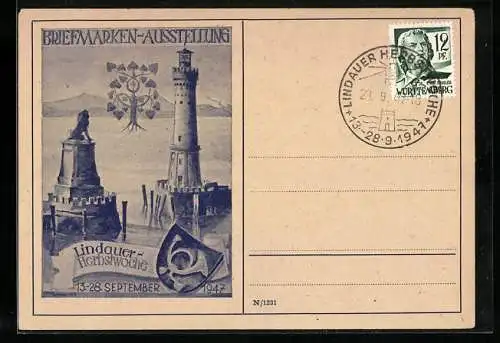 AK Lindau / Bodensee, Briefmarken-Ausstellung zur Herbstwoche 1947, Leuchtturm an der Hafeneinfahrt