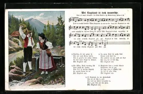 Lied-AK Hilmar Mückenberger: Mei Vogtland is doch wunersche, Mann grüsst Frau in Tracht