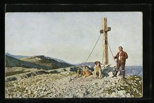 AK Preinerwandkreuz und Mann mit Bernhardinern auf der Rax