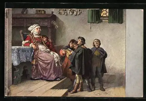 AK Wartburg, Reformationszimmer, Luther singt als Currende-Schüler vei Frau Cotta 1499