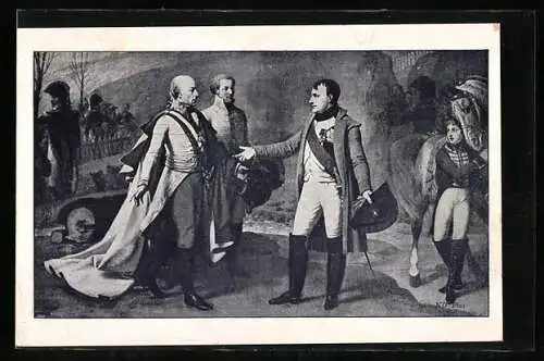 AK Austerlitz, Zusammenkunft der Kaiser Franz I. und Napoleon I. nach der Schlacht bei Austerlitz