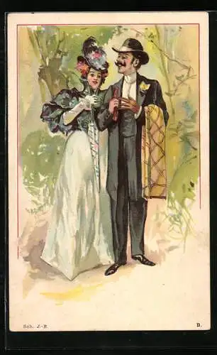 Lithographie Liebespaar im Grünen