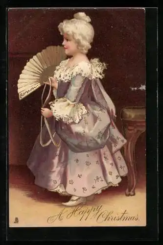 Lithographie Barocke junge Dame mit Fächer