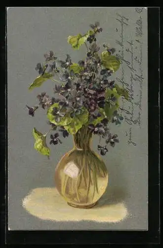 AK Veilchenstrauss in gläserner Vase