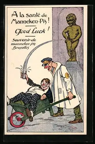 AK Bruxelles, Betrunkener Mann in einer Karre unter dem Manneken-Pis liegend