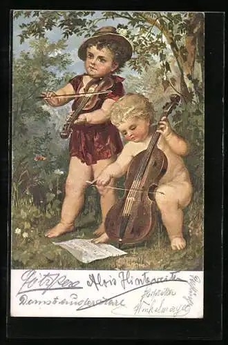 Künstler-AK Kinder mit Geige und Cello