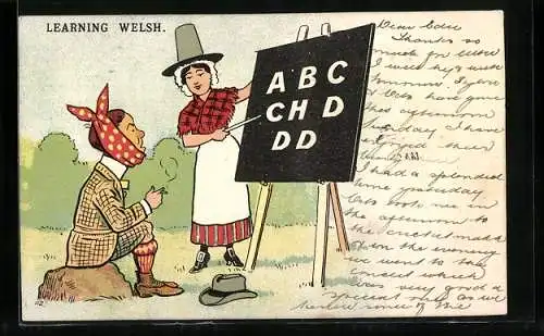 Künstler-AK Learning Welsh, Mann mit Zahnschmerzen lernt den Dialekt