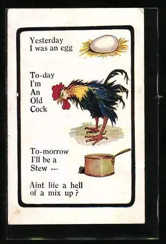 Künstler-AK Hahn denkt sein Leben durch, endet als Suppe