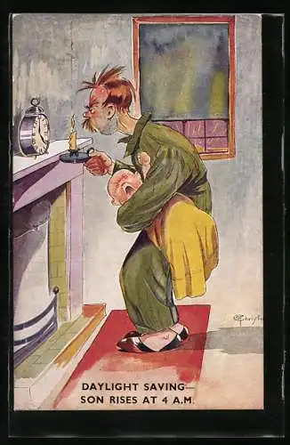 Künstler-AK Vater erwacht um 4 Uhr morgens von Babygeschrei