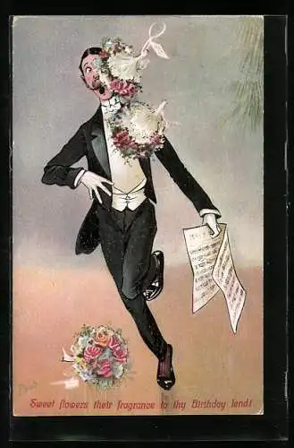 Künstler-AK Dirigent wird mit Blumensträussen beworfen