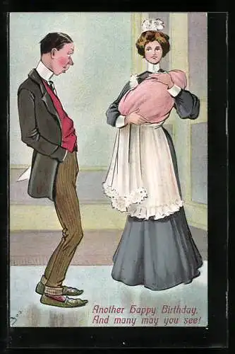 Künstler-AK Hausmädchen hält ein Neugeborenes im Arm, Vater ist erstaunt