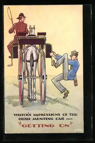 Künstler-AK Irische Kutsche ist zu hoch für den Einstieg, Irish Jaunting Car