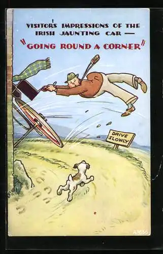 Künstler-AK Irischer Mann fliegt um die Kurve, Irish Jaunting Car