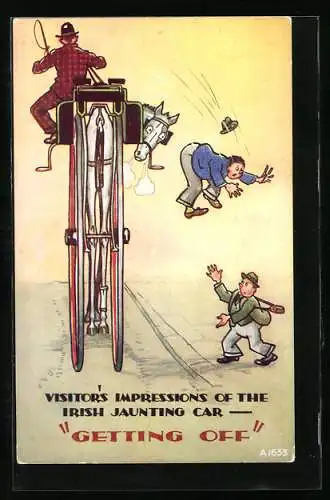 Künstler-AK Mann springt von der Kutsche, Irish Jaunting Car