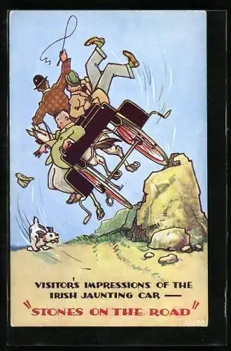 Künstler-AK Kutsche fährt über die Steine und verliert den Hund, Irish Jaunting Car