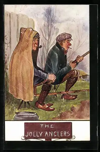 Künstler-AK Fischer sitzen betrübt im Regen und warten auf den grossen Fang