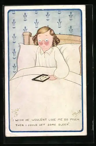Künstler-AK Kleines Mädchen denkt an ihren Liebsten und kann nicht schlafen