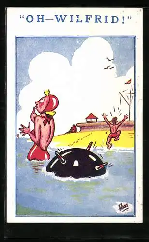 Künstler-AK Frau hinterlässt eine Wassermine