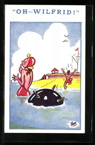 Künstler-AK Junge Frau entledigt sich grosser Wassermine