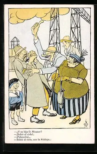 Künstler-AK Mann wird von drei Menschen überzeugt, kleiner Junge im Matrosenhemd belustigt