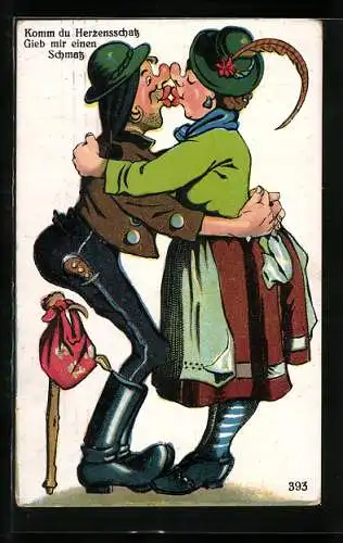 AK Komm du Herzensschatz gib mir einen Schmatz, Liebespaar küsst sich