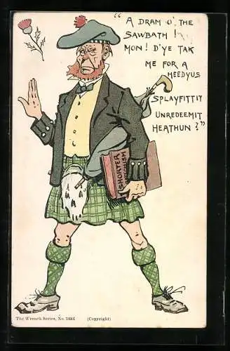 Künstler-AK Schotte mit Totenkopf auf dem Rock und Buch