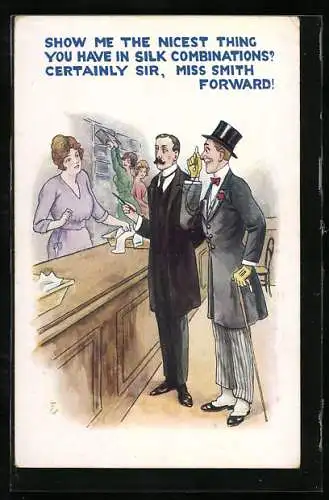 Künstler-AK Männer fragen nach feiner Kleidung, eine Dame wird geholt